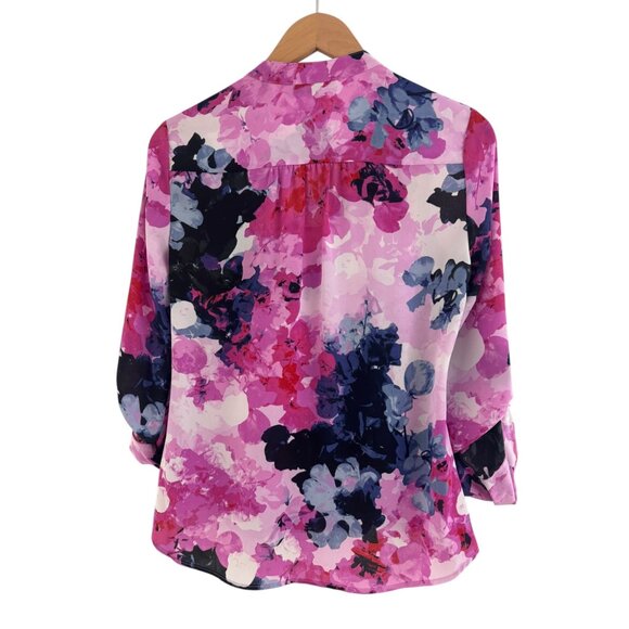 Alfani Pink Chiffon Watercolor Floral Print Roll Tab Sleeve Blouse Top Size 6 - Picture 8 of 8